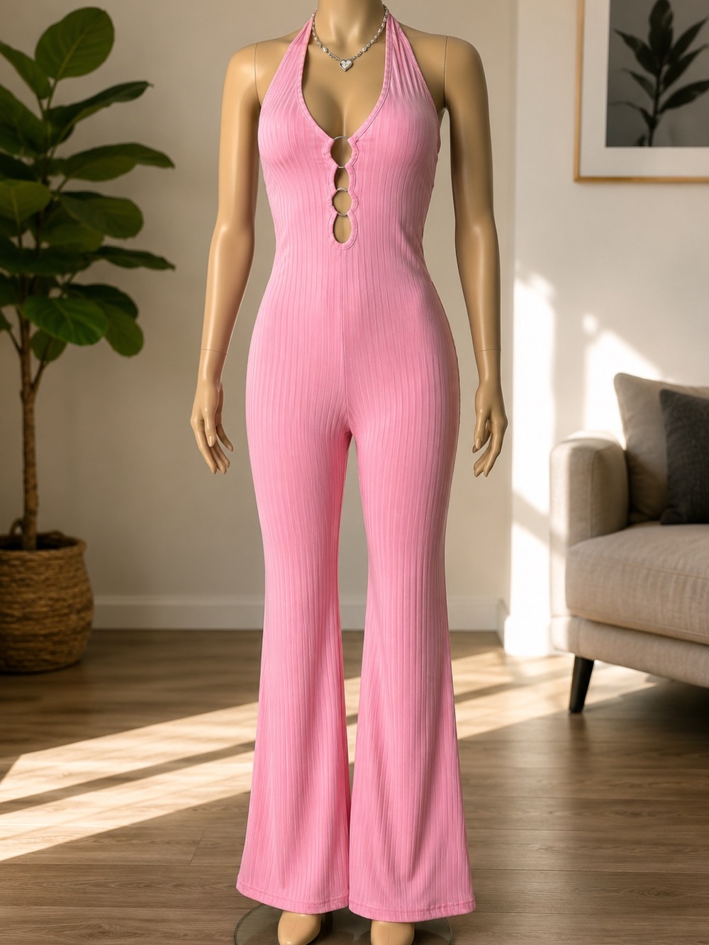 🆕 Pink Ribbed Halter Jumpsuit with Front Cutouts